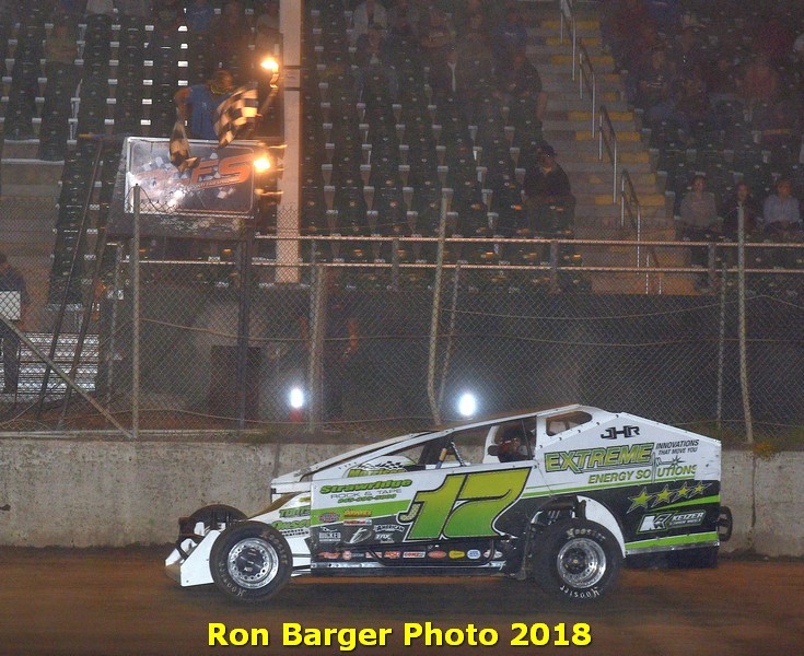 Jeff Heotzler scores his 52nd career modified victory at the historic Orange County Fair Speedway on June 9, 2018.